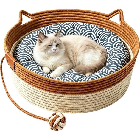 Stimuli Panier pour Chat Lit en Corde De Coton Rond Naturel Respirant Lit Griffoir Chat pour intérieur maison salon chambre bureau coin sol meubles moments (1/5)