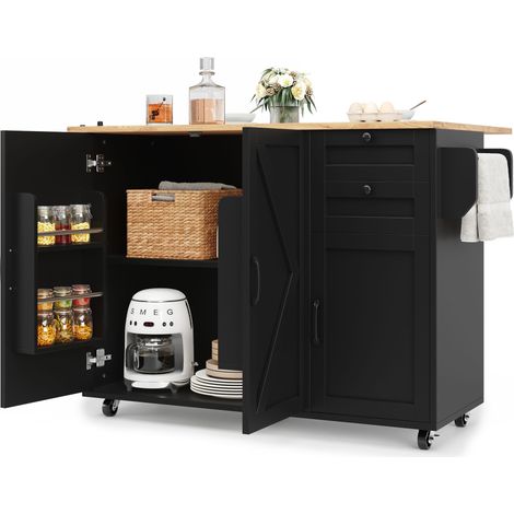 Îlot de cuisine moderne,meuble et buffet effet bois,desserte avec table multifonction et espace de rangement,étagères à snacks,noir