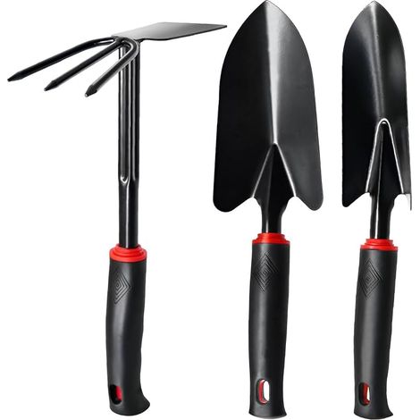 Juego de 3 herramientas de jardinería con mango antideslizante: kit profesional de acero inoxidable para plantar, excavar y acondicionar el terreno (pala, trasplantadora, azada doble). (1/5)