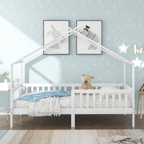Lit cabane 90x200 cm, lit enfant, avec barrière et sommier à lattes, protection antichute, lit en bois massif, lit maison, lit simple - Blanc (1/5)