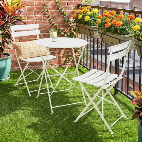 3-teiliges Gartenbistro-Set: Tisch und 2 klappbare Lattenstühle, doppelter Rostschutz, Creme