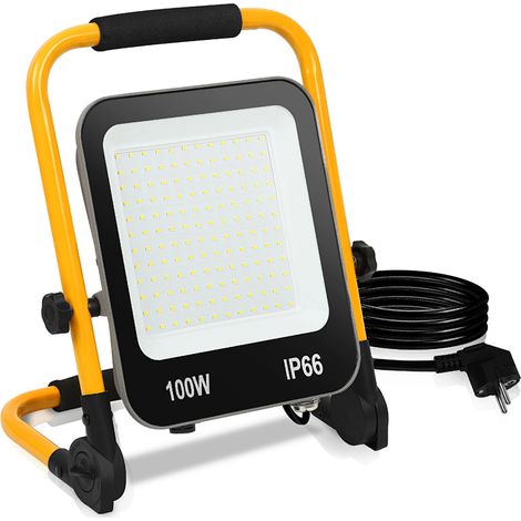 Randaco Proiettore da cantiere LED, proiettore per esterni IP66, angolo 120°, faretto LED 100W con treppiede, luce da lavoro bianco freddo 6000K
