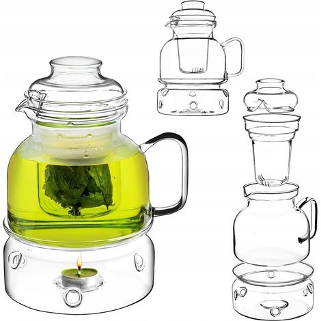 Brocca in vetro resistente al calore con riscaldatore e infusore per tè da 1,5 l