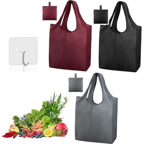 Set di 3 borse per la spesa pieghevoli Alecta con ganci, riutilizzabili, ecocompatibili, leggere, ad asciugatura rapida, resistenti agli strappi per shopping e viaggi. (1/5)