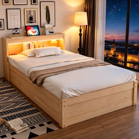 Letto singolo multifunzione 90x200 cm legno in pino e MDF con LED, presa integrata e vano contenitore (1/5)