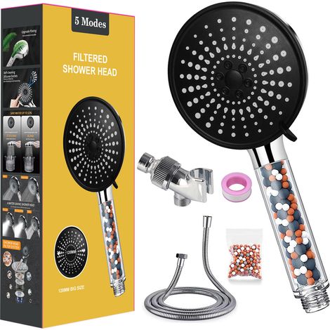 Pommeau de douche haute pression avec filtre en pierre minérale, livré avec un tuyau de 1.5 mètre, anticalcaire, économique en eau, 5 modes de jet (1/5)