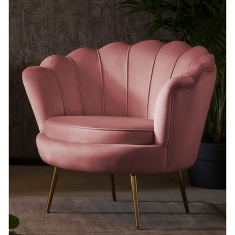 Fauteuil Coquillage en Velours Rose et Pieds en Métal Doré pour Salon et Salle d'Attente - PANGIVO (1/5)
