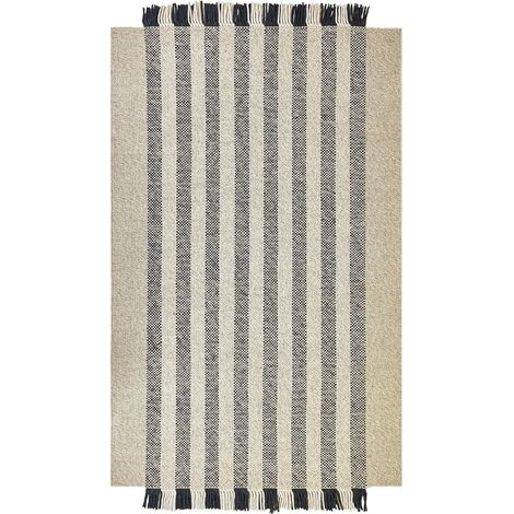 Tappeto in lana bianco sporco nero 140 x 200 cm con nappe fatto a mano Tacettin