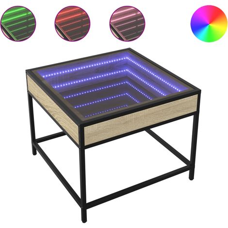 Mesa de centro de salón de diseño moderno con LED 50 x 50 x 41 cm madera de ingeniería color roble vidrio y metal DEC037481