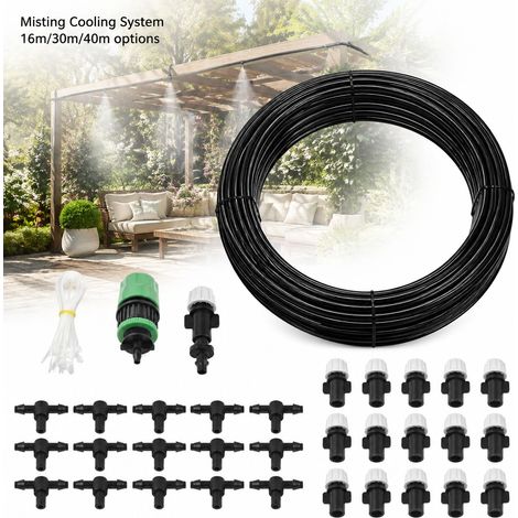 Sistema di nebulizzazione - 16 m - 16 ugelli in ottone - Tubo in PU resistente ai raggi UV - Kit di nebulizzazione per esterni per patio, giardino, serra e raffreddamento (1/5)