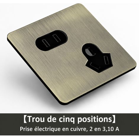 Prise murale rétro type 86 prise 5 trous décalés panneau acier inoxydable bronze brossé 9,5 × 9,5 × 4,8 cm – Livraison gratuite