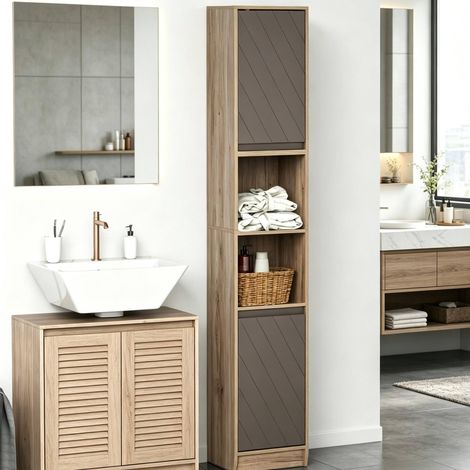 Armario de baño 30x24x170 cm gris y roble en MDF y tablero de partículas con estantes ajustables (1/5)