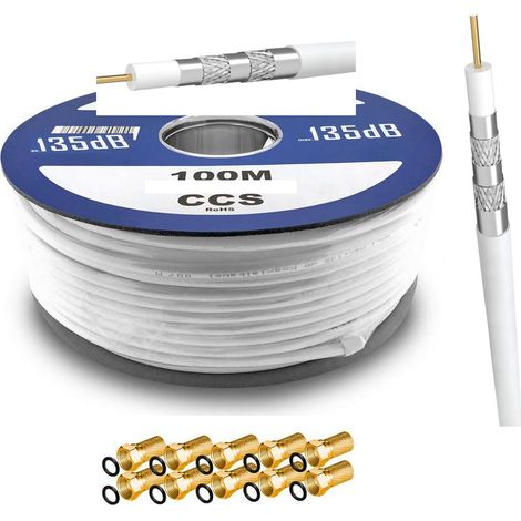 100 m Câble Coaxial TV - SAT blanc, 5 fois blindé + 10 fiches F dorées (135db )