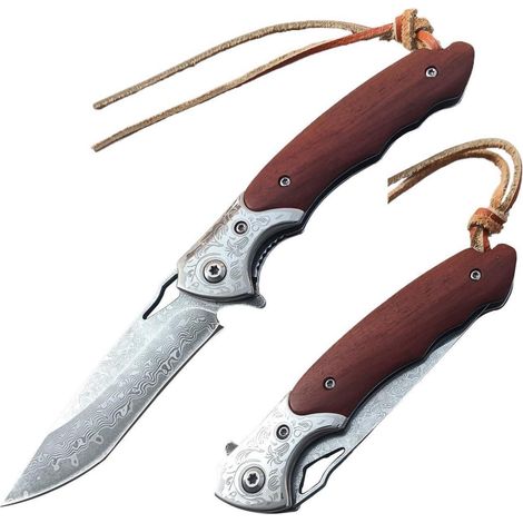 Damast Klappmesser mit Holzgriff, VG10 Damaststahl, Jagd & Outdoor
