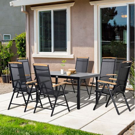 Set da giardino pieghevole 6 posti, 1 tavolo e 6 sedie, alluminio nero, 140 x 90 x 74 cm (1/5)
