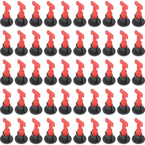 Kit de nivellement de carrelage 50 pièces avec clé, comprenant des cales et des entretoises. Noir et rouge.
