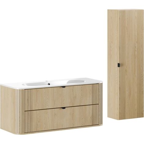 Badezimmer-Set KORI: Waschtischunterschrank 120cm + Einbauwaschbecken + Stauraumsäule