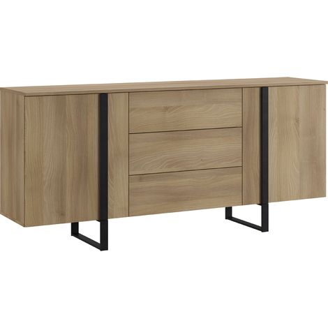 Buffet en mélamine et métal coloris chêne / noir - Longueur 180 x profondeur 40 x hauteur 82 cm -PEGANE- (1/4)