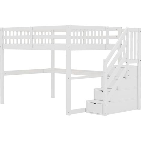 =(WX000717AAK-1) Lit mezzanine 140x200 pour enfant avec tiroirs de rangement et bureau sous le lit, blanc (1/5)
