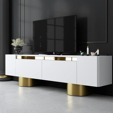 Meuble TV blanc et or design 2 portes abattantes JENA