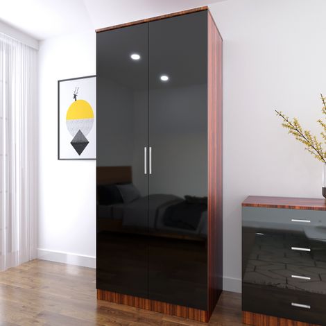 ELEGANT Modern High Gloss Soft Close 2 Doors Wardrobe with Metal Handles Includes a removable hanging rod and storage shelves, Black/Walnut (1/5)