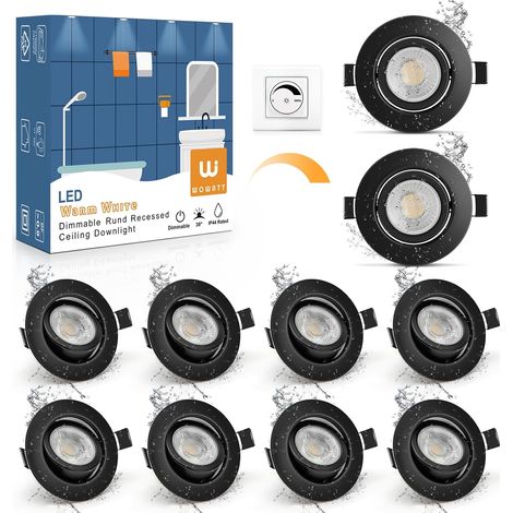 5.5W Spot LED Encastrable Dimmable Noir 2800K Blanc Chaud Lot de 10 600LM AC 220V, IP44 Spot de Plafond Salle de Bain, Éclairage Encastrés Extra Plat 28mm Orientable Rond, Trou 68mm - 75mm (1/5)