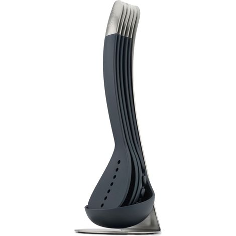 Ensemble de 5 Ustensiles en Nylon Aimantés, Cuillère, Cuillère à spaghettis, Louche, Ecumoires Livré avec son Porte Ustensiles, Noir/Inox (1/5)