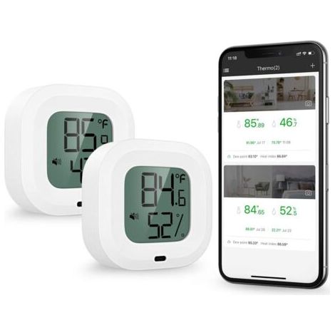 Hygromètre à Thermomètre Bluetooth 5.0, 2pcs Contrôle App sans Fil Mètre de Moniteur d'Humidité Température Précis, Capteur Moniteur avec Ecran, Bouton, Alertes Funtion pour iOS/Android (1/5)