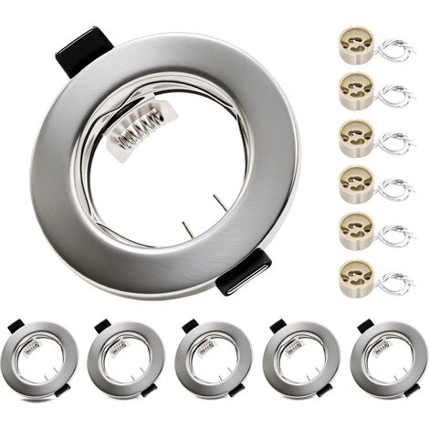 Lot de 6 Support Spot Encastrable GU10 Métal Brossé Sans Ampoule Cadre Rond Douille Céramique Compatible Plafond Ø55-70mm Ampoule Non Incluse Éclairage Intégré Moderne (1/5)