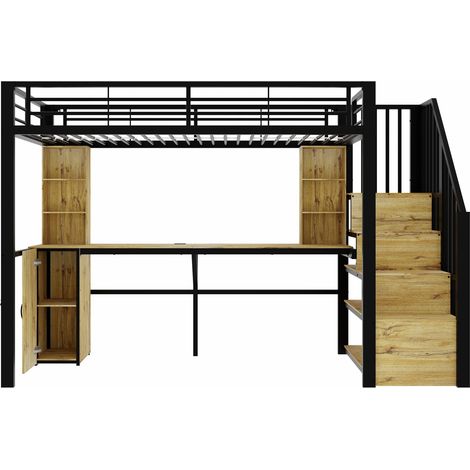 Lit mezzanine en métal 90 x 200 cm noir avec bureau, armoire, escalier et USB (1/5)