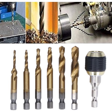 Jeu de 7 tarauds composites à tige hexagonale de 1/4 pouce à spirale + mandrin à changement rapide escamotable pour le perçage, le taraudage et le chanfreinage de tarauds plaqués titane (1/5)