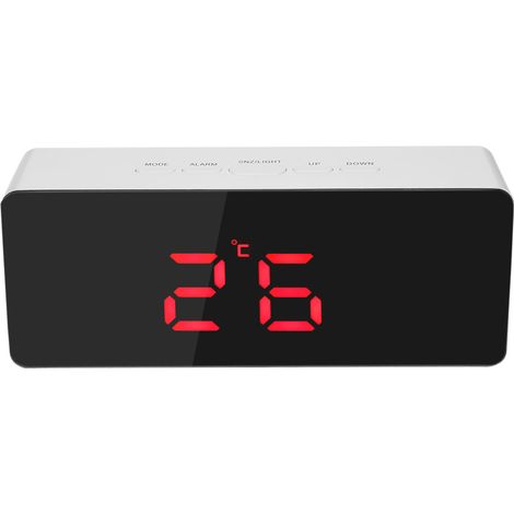 Despertador LED con espejo, función de repetición, reloj digital de 12/24 horas y sensor de temperatura interior para mesita de noche. (1/5)