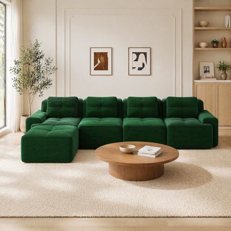 Sofá modular en L con chaise longue, 4 plazas, tejido de pana verde, sin montaje (1/5)