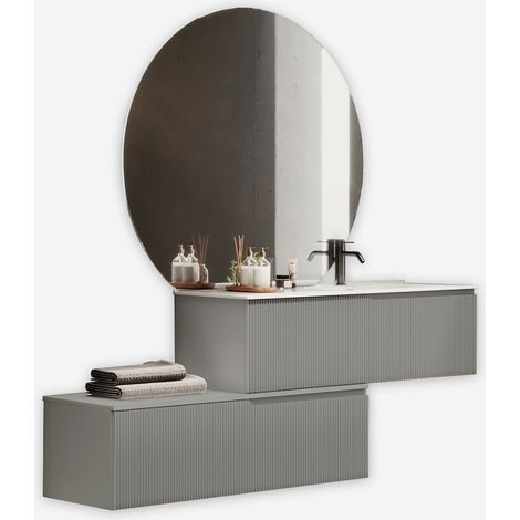 Mobile bagno sospeso con specchio led tondo e lavabo Venere DX - Grigio