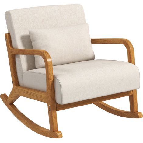 Fauteuil à bascule style rétro, en bois d'hévéa, 64,5 cm x 92 cm x 81,5 cm, beige et marron (1/5)