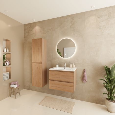 Ensemble Meuble Vasque 60 Cm Avec Colonne - Chêne Clair - Lavabo (1/5)