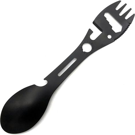 Cuillère Multifonction Acier Inoxydable - 1 Pièce - Titane Noir - Ouvre-Boîte Clé - Camping Randonnée (1/5)