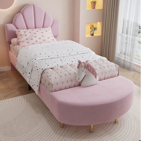Lit simple rembourré en velours rose 90x200 cm avec banc assorti et sommier à lattes (1/5)