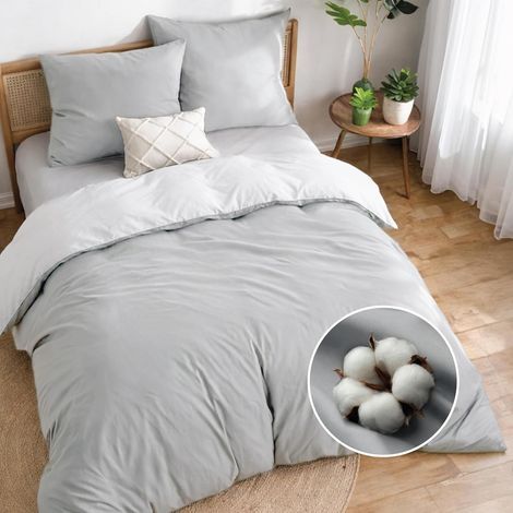 1 Parure De Lit 3 Pièces Housse De Couette 200x240 Coton Réversible Gris Clair Taies 65x65 Adulte (1/5)