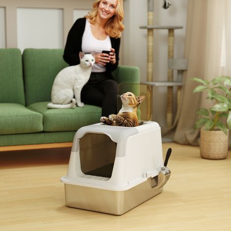 Katzenklo, Katzentoilette mit Deckel, Streuschaufel, vorne Eingang und ober Ausgang Edelstahl bis 7 kg