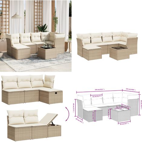 7-tlg. Garten-Sofagarnitur mit Kissen Beige Poly Rattan - Gartenmöbel Set - PE-Rattan Gartenmöbel - Outdoor Sofa - Esstisch - Lounge Set - Home & Living (1/5)