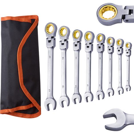 Mophorn Juego de llaves de trinquete de cabeza flexible de 8 piezas, llaves combinadas de acero Cr-V con bolsa enrollable, métricas de 8 mm a 17 mm, trinquete flexible, ideal para reparaciones