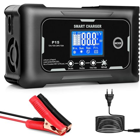 Chargeur de Batterie pour véhicule Automobile 15A, 12V/15A, 24V/10A, adapté aux Voitures, Motos, tondeuses à Gazon et Bateaux avec des Batteries au Lithium, Lifepo4, Plomb-Acide (1/5)