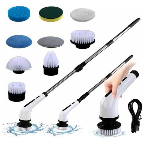 QORVA-Brosse à récurer électrique sans fil, puissante brosse de nettoyage électrique avec 9 têtes de brosse remplaçables et extension réglable de 120 cm de long pour salle de bain, piscine, douche (1/5)