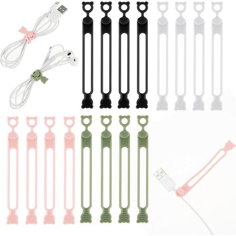 16 attaches de câble en silicone, 4 couleurs, réutilisables, pour organiser les câbles de casques, chargeurs de téléphone portable, câbles audio et ordinateurs. (1/5)