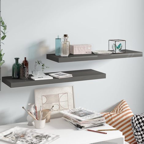 vidaXL Floating Wall Shelves 2 pcs High Gloss Grey 80x23,5x3,8 cm MDF