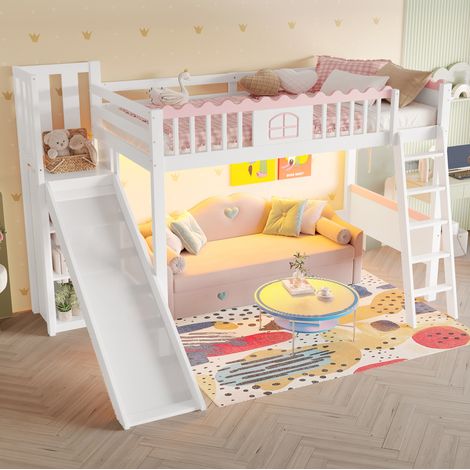 Lit mezzanine enfant 246.5x188.5x171 cm blanc en pin et MDF avec toboggan, LED et rangements (1/5)