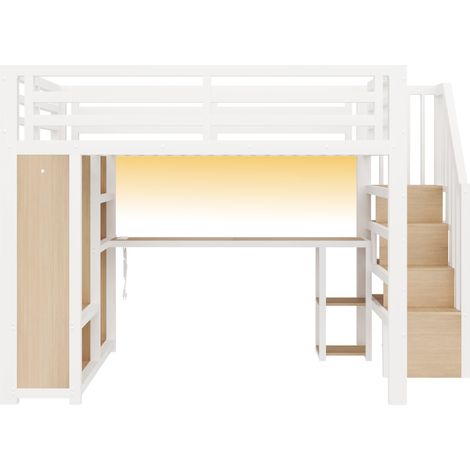 Cama alta gaming 160x200 cm de metal blanco con escritorio, LED, USB y perchero abierto (1/5)