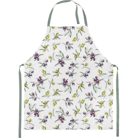 Tablier adulte à nouer en coton blanc olives (1/2)