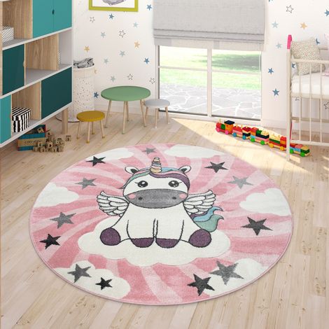Paco Home Tappeto Per Bambini Stanza Dei Bambini Femminucce Moderno Unicorno Su Nuvole In Rosa Lilla Ø 200 cm tondo